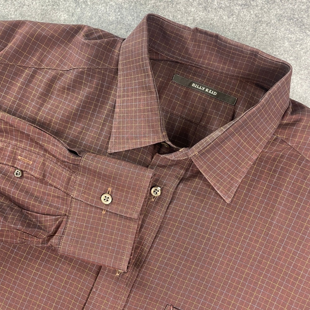Billy Reid Mens Button Down Shirt XL Maroon Windowpane Plaid Made in Italy